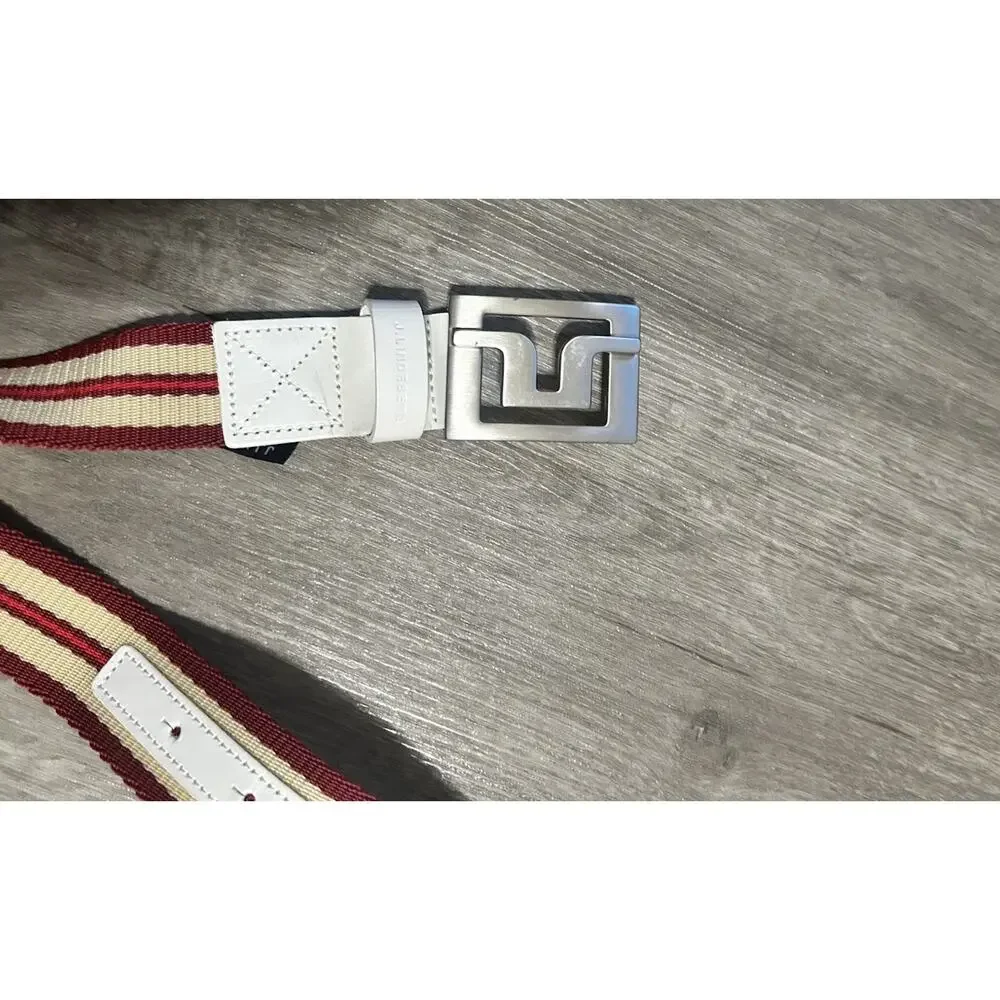 J.Lindeberg Woven Stretch Golf Belt Red Cream White Leather Italy Size 36 100cm